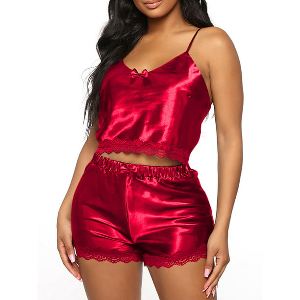 Lady Satin Vest Shorts Tank Top Cami Pajama Lingerie Nightwear Set Faux Silk Red 